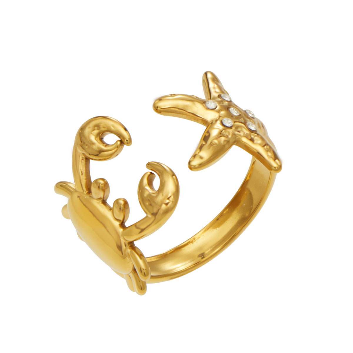 316L stainless steel crab and starfish open ring in 18K PVD gold with sculptural ocean-inspired details