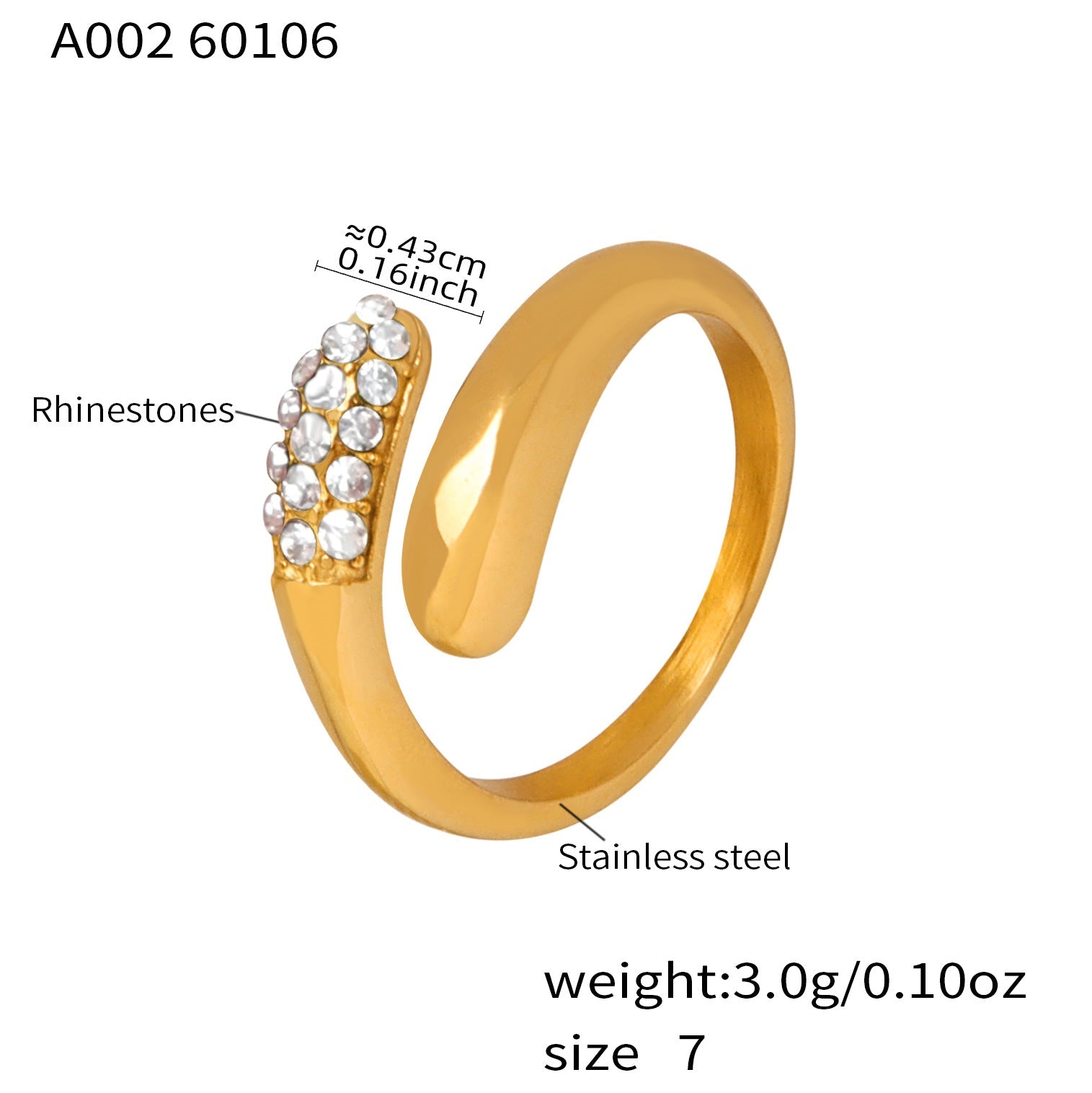 316L stainless steel gold cross open ring with clear CZ rhinestones, luxury waterproof jewelry