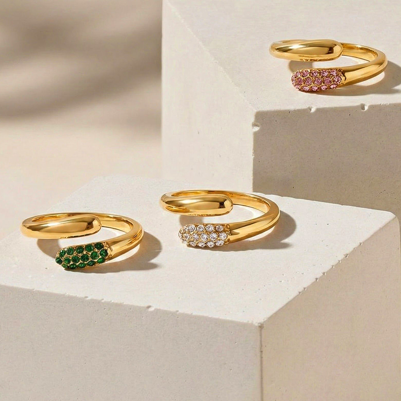 316L stainless steel gold cross open ring with CZ rhinestones display, luxury waterproof jewelry wholesale