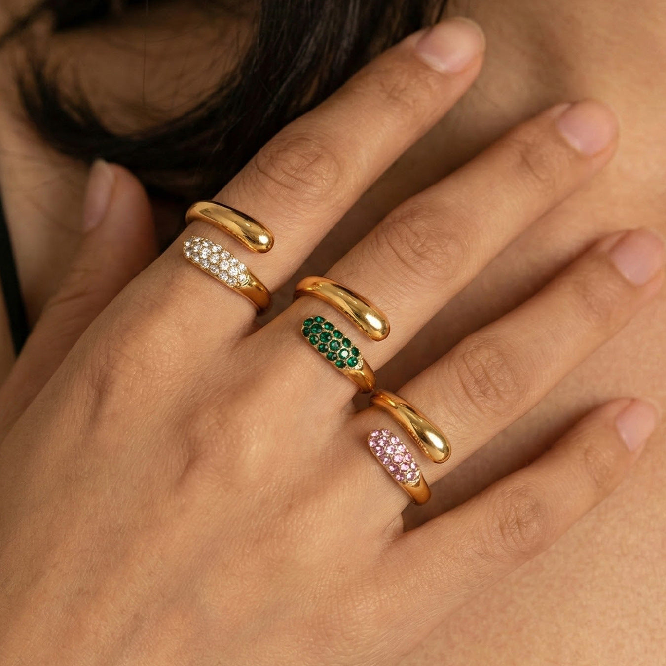 316L stainless steel gold cross open ring with CZ rhinestones worn on hand, luxury waterproof jewelry