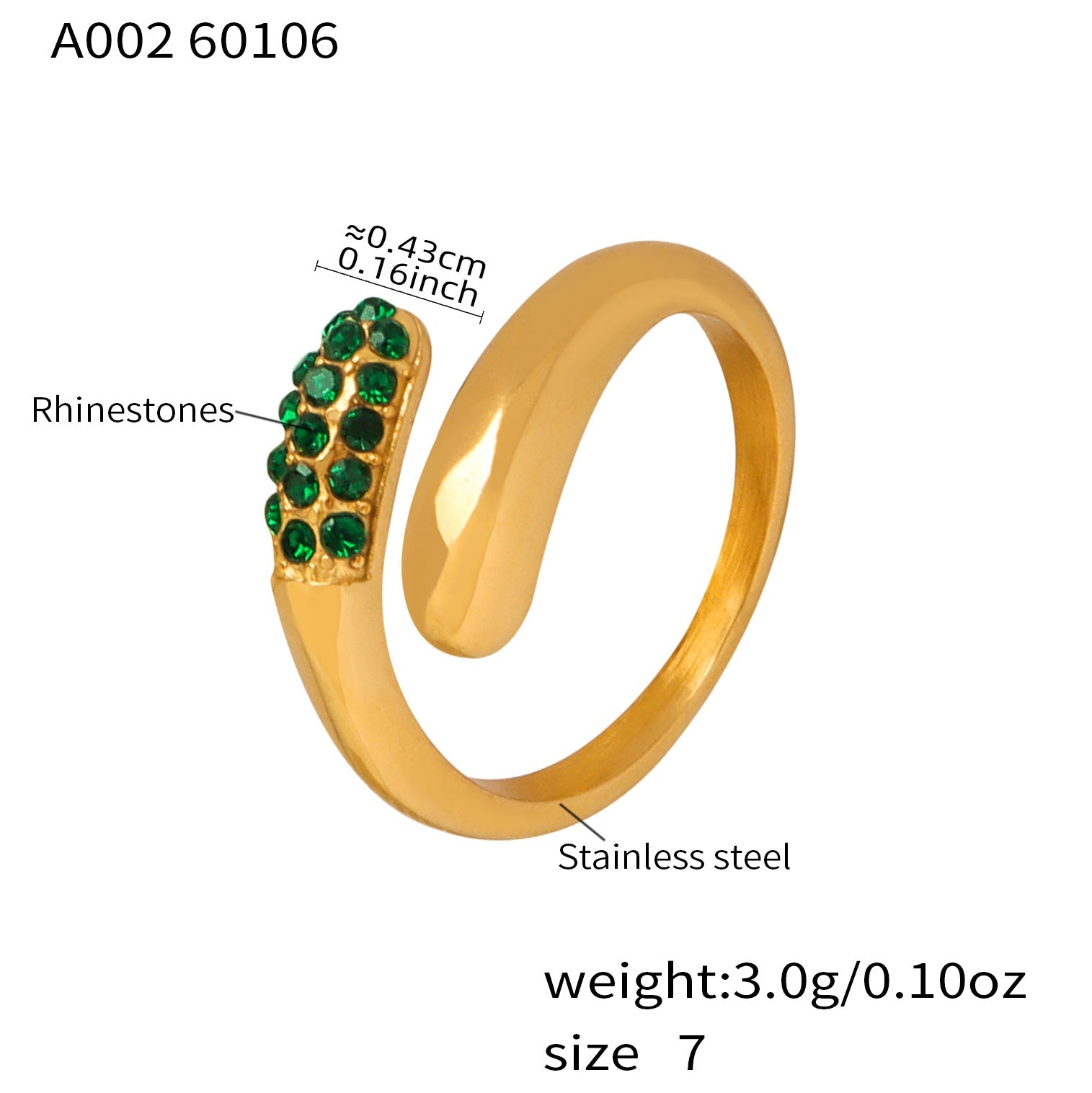 316L stainless steel gold cross open ring with green CZ rhinestones, adjustable waterproof jewelry