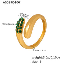 316L stainless steel gold cross open ring with green CZ rhinestones, adjustable waterproof jewelry