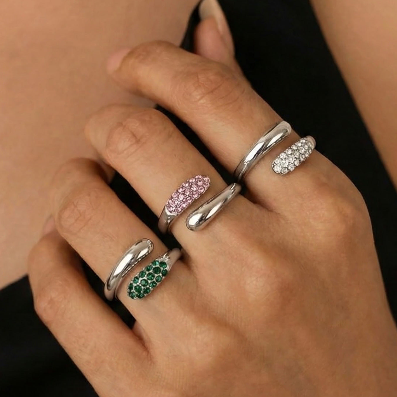 316L stainless steel silver cross open ring with CZ rhinestones worn on hand, minimalist adjustable ring