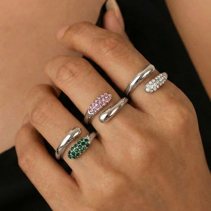 316L stainless steel silver cross open ring with CZ rhinestones worn on hand, minimalist adjustable ring