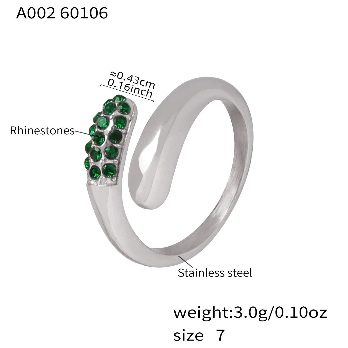 316L stainless steel silver cross open ring with green CZ rhinestones, minimalist open ring wholesale