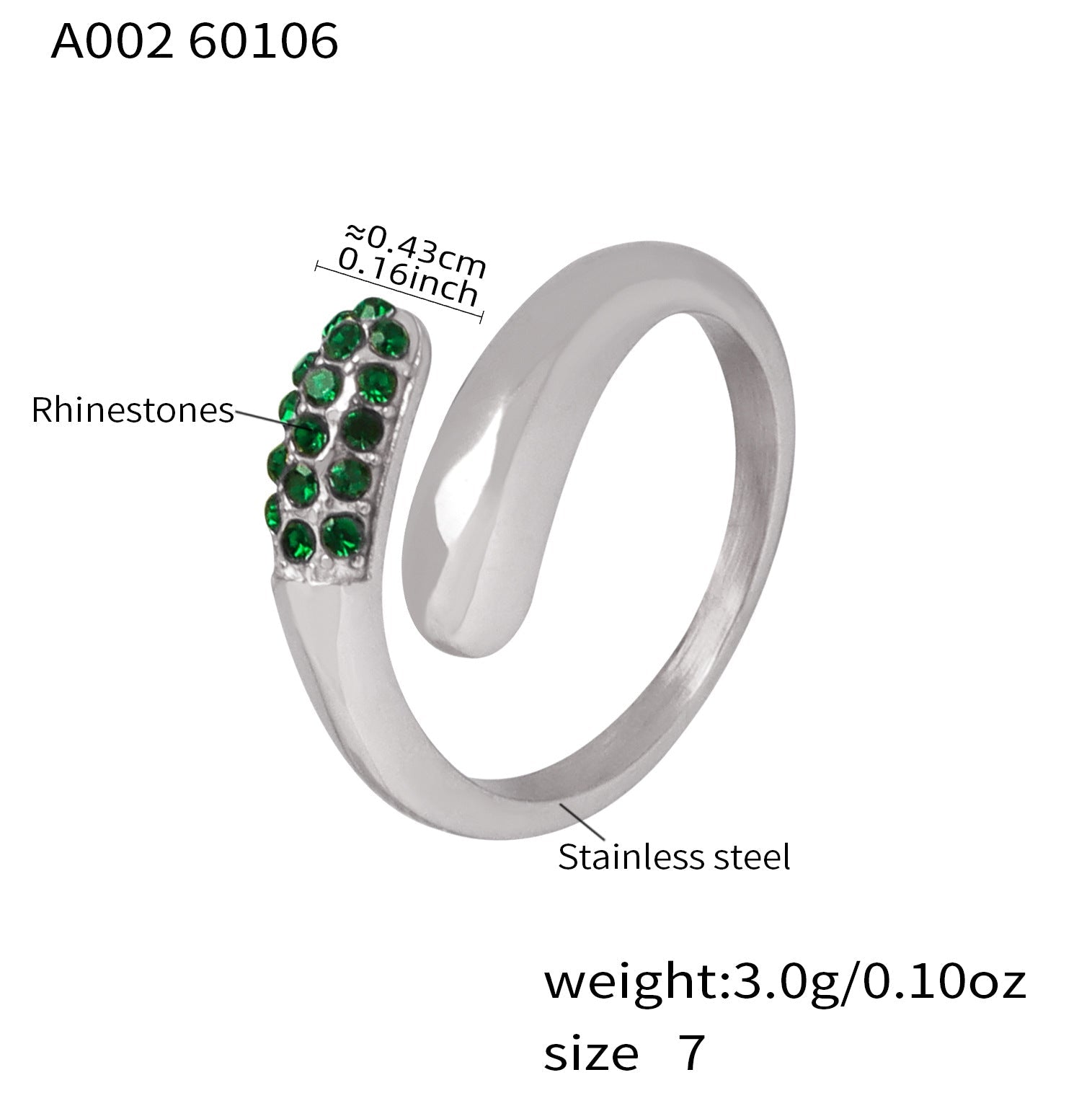 316L stainless steel silver cross open ring with green CZ rhinestones, minimalist open ring wholesale