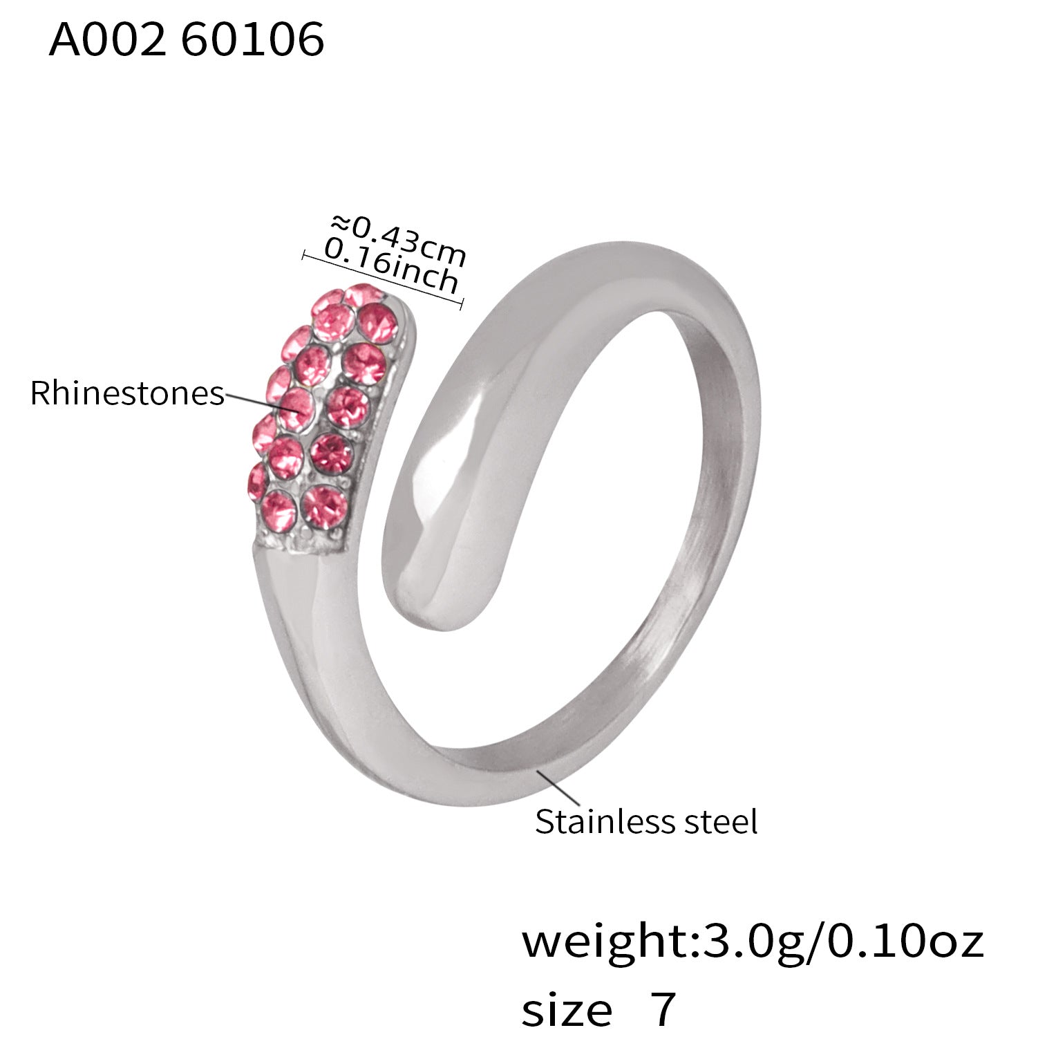 316L stainless steel silver cross open ring with pink CZ rhinestones, geometric adjustable ring waterproof