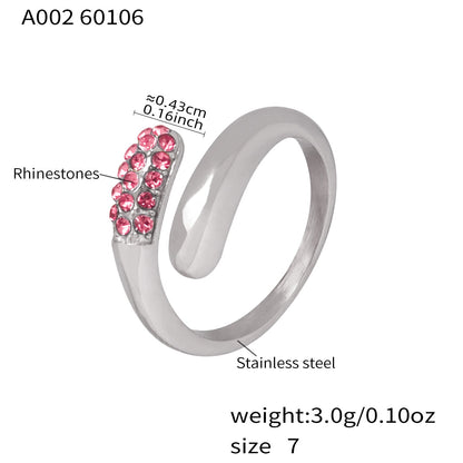 316L stainless steel silver cross open ring with pink CZ rhinestones, geometric adjustable ring waterproof