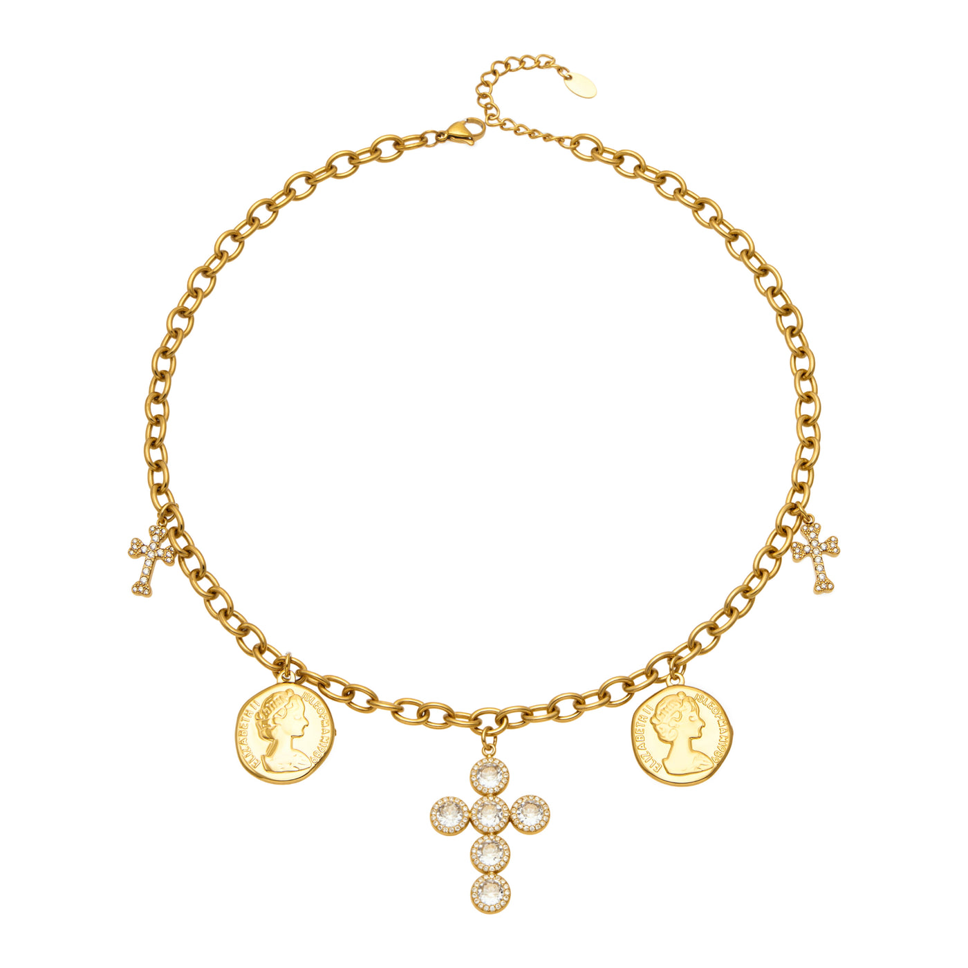 Gold-tone necklace with coin pendants, small cross charms and a clear zircon cross centerpiece