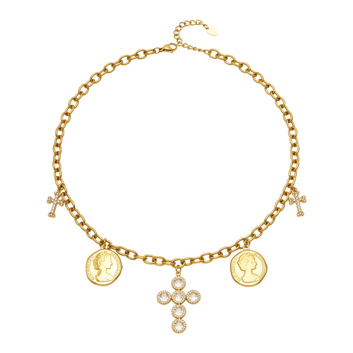 Gold-tone necklace with coin pendants, small cross charms and a clear zircon cross centerpiece