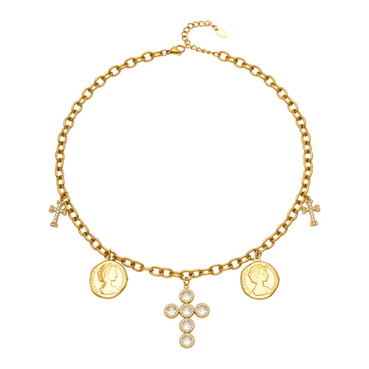 Gold-tone necklace with coin pendants, small cross charms and a clear zircon cross centerpiece