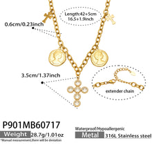 Size guide for the layered coin and zircon cross necklace with chain and pendant measurements