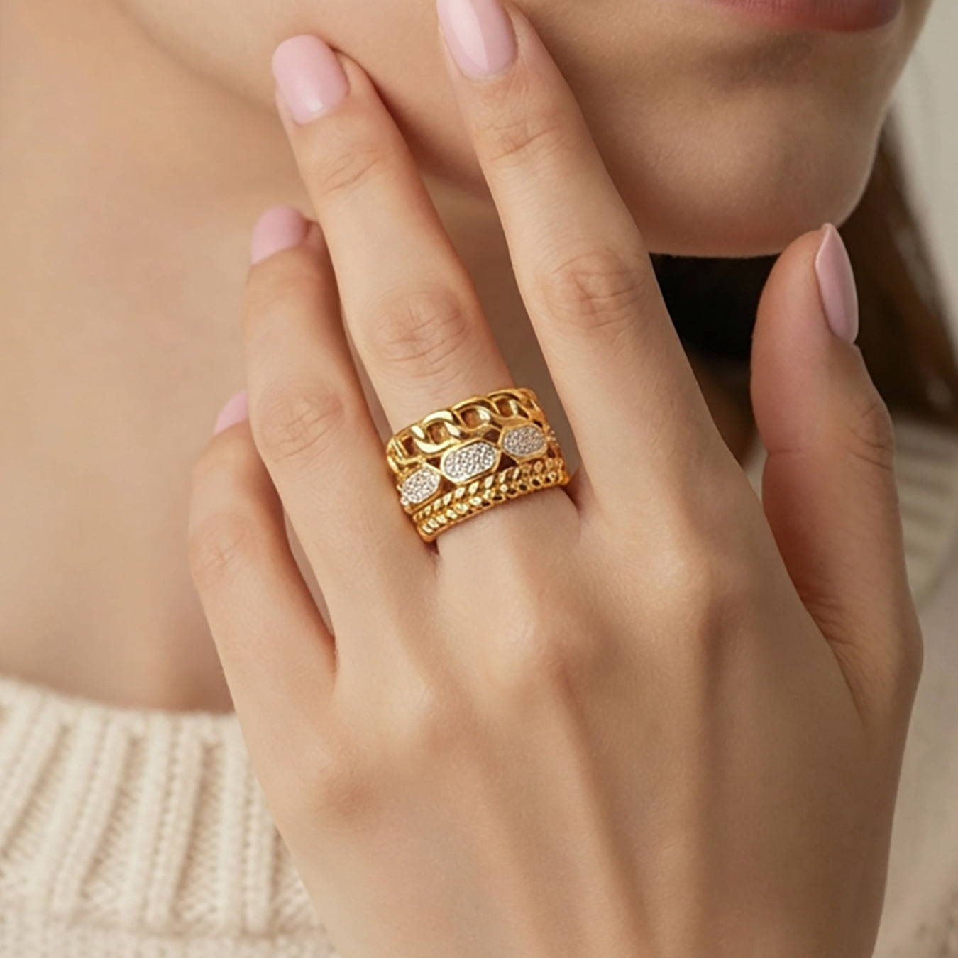 316L Stainless Steel CZ Chain Statement Ring