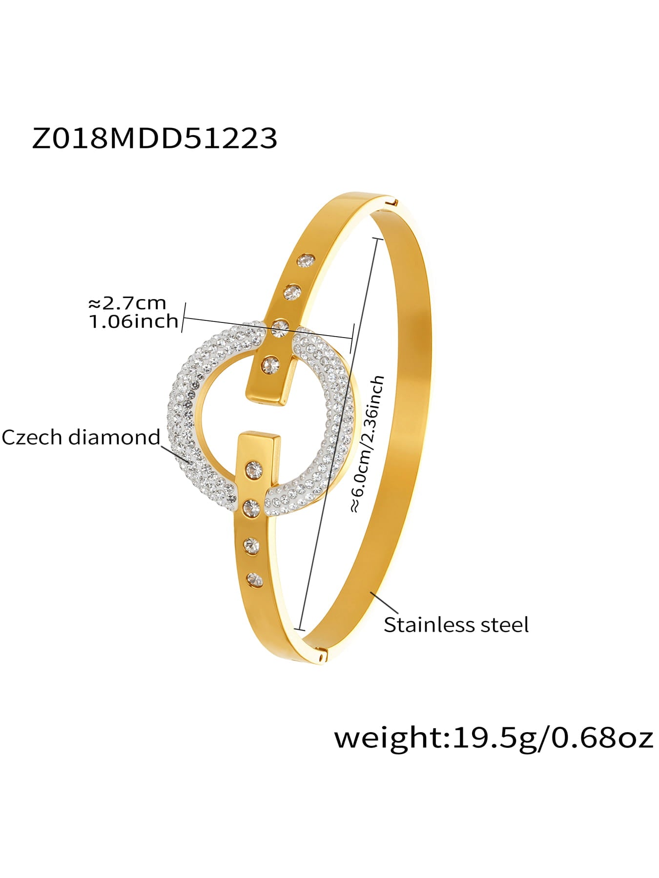316L stainless steel CZ circle buckle bangle bracelet with size and weight details
