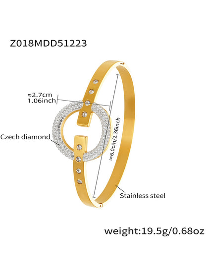 316L stainless steel CZ circle buckle bangle bracelet with size and weight details
