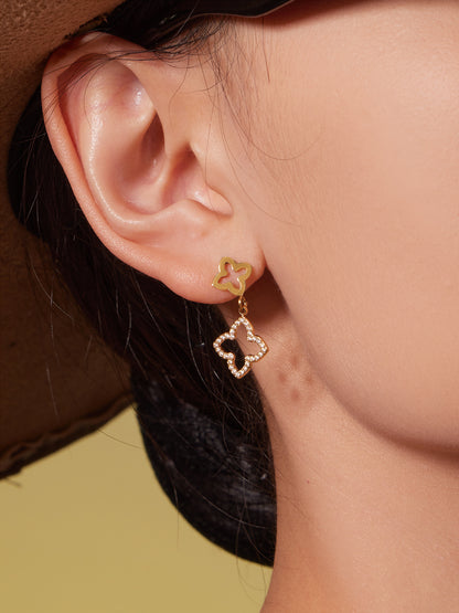 316L stainless steel CZ clover drop earrings in gold, hypoallergenic and tarnish resistant