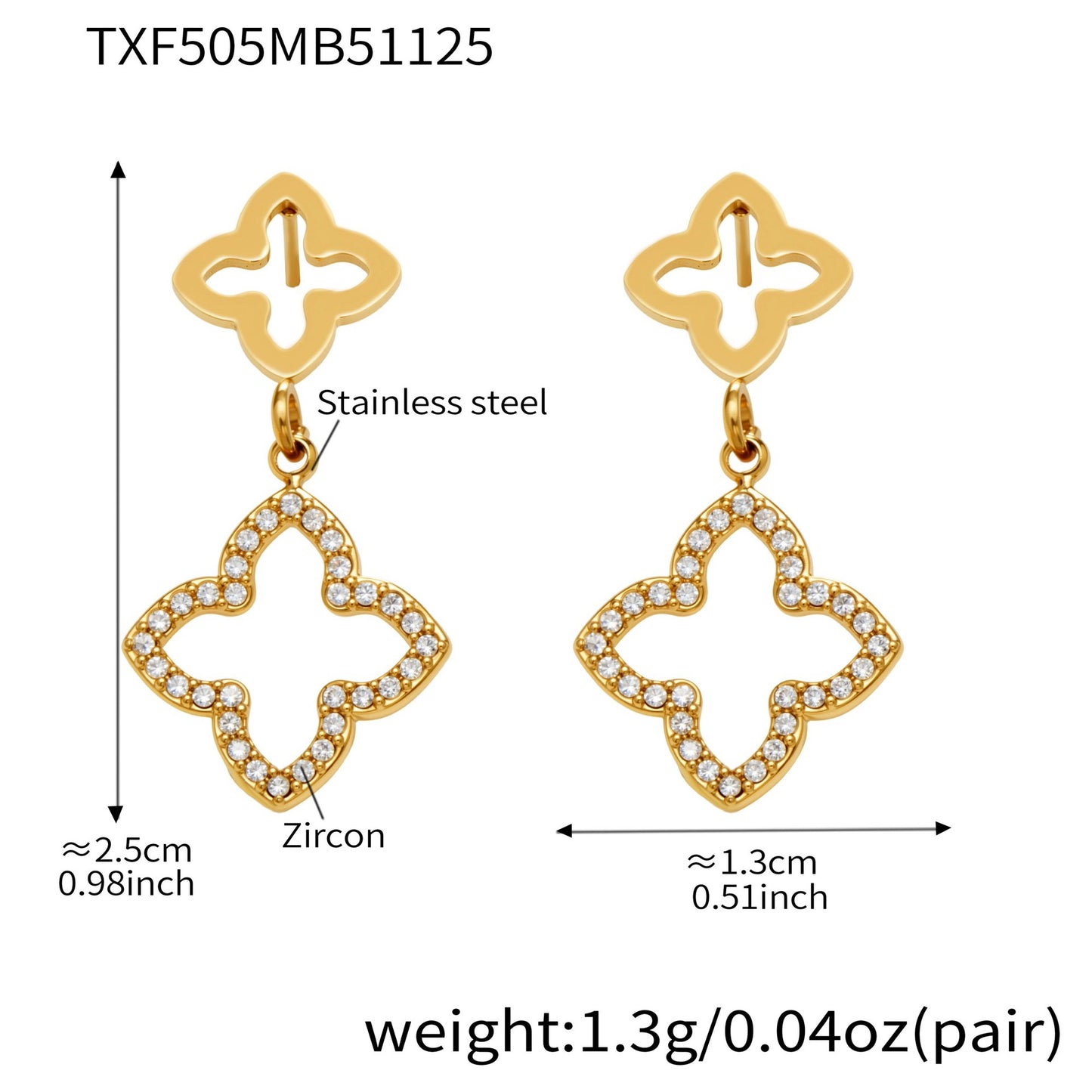 316L stainless steel CZ clover earrings size and weight details for wholesale buyers