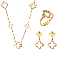 316L stainless steel CZ clover jewelry set display including necklace earrings and ring