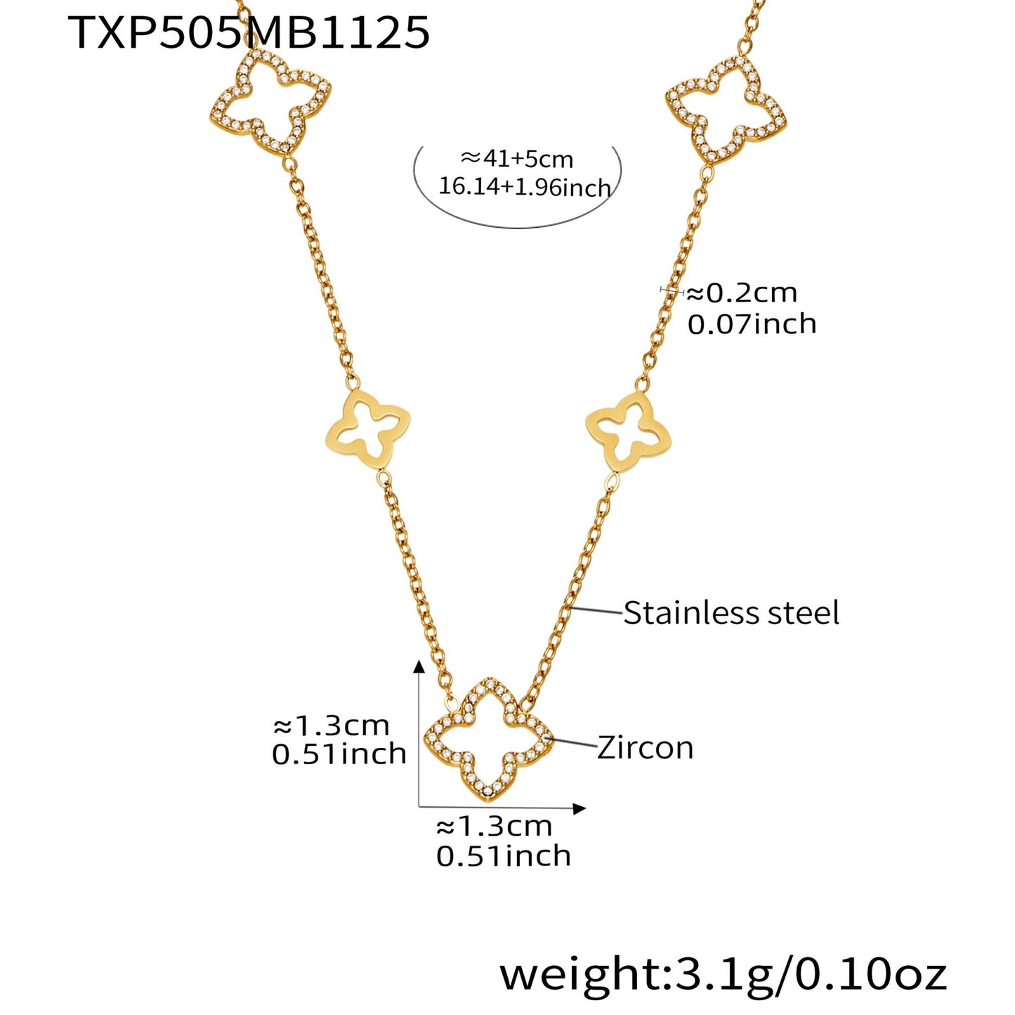 316L stainless steel CZ clover necklace size length and weight specification image
