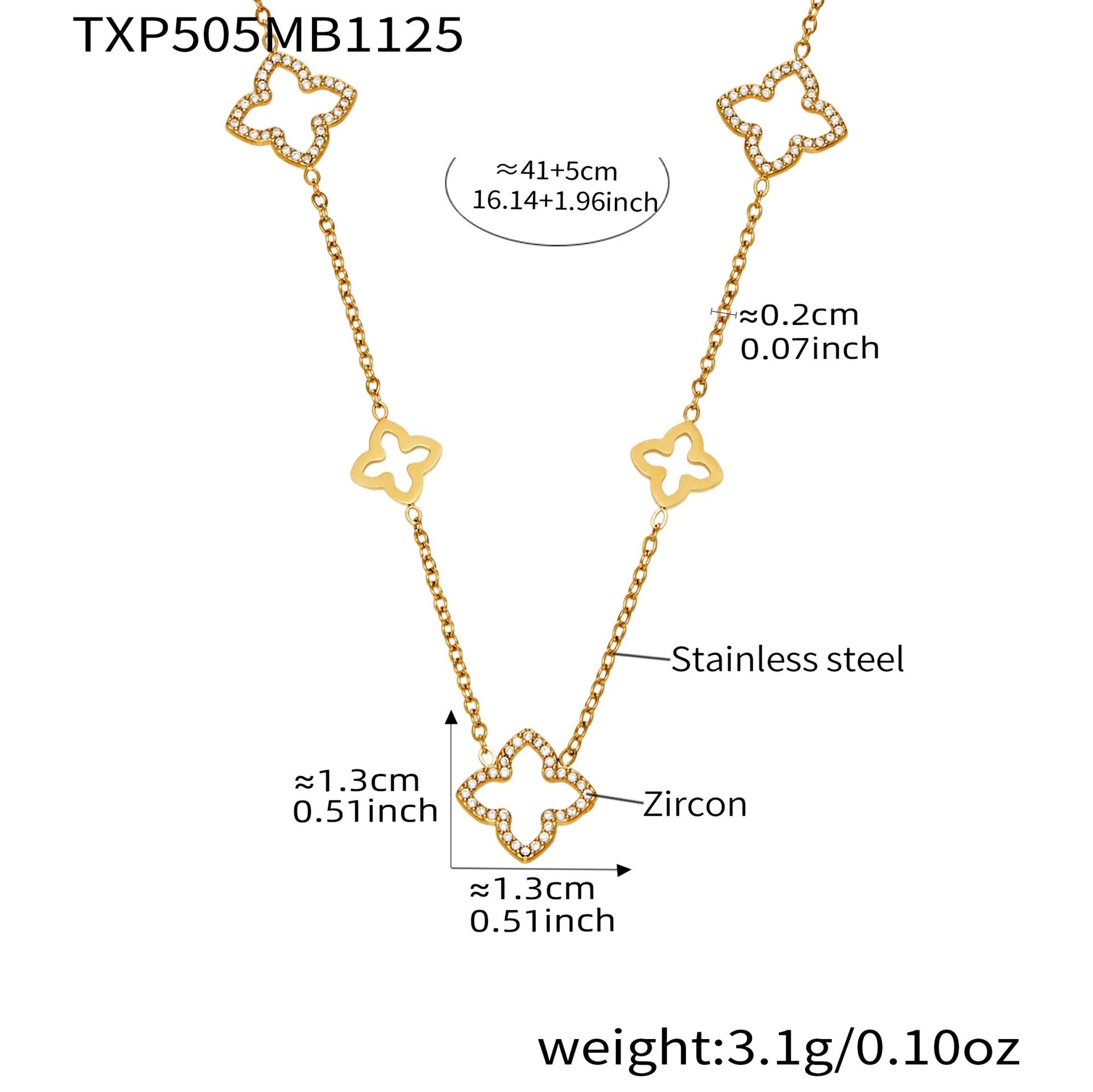 316L stainless steel CZ clover necklace size length and weight specification image