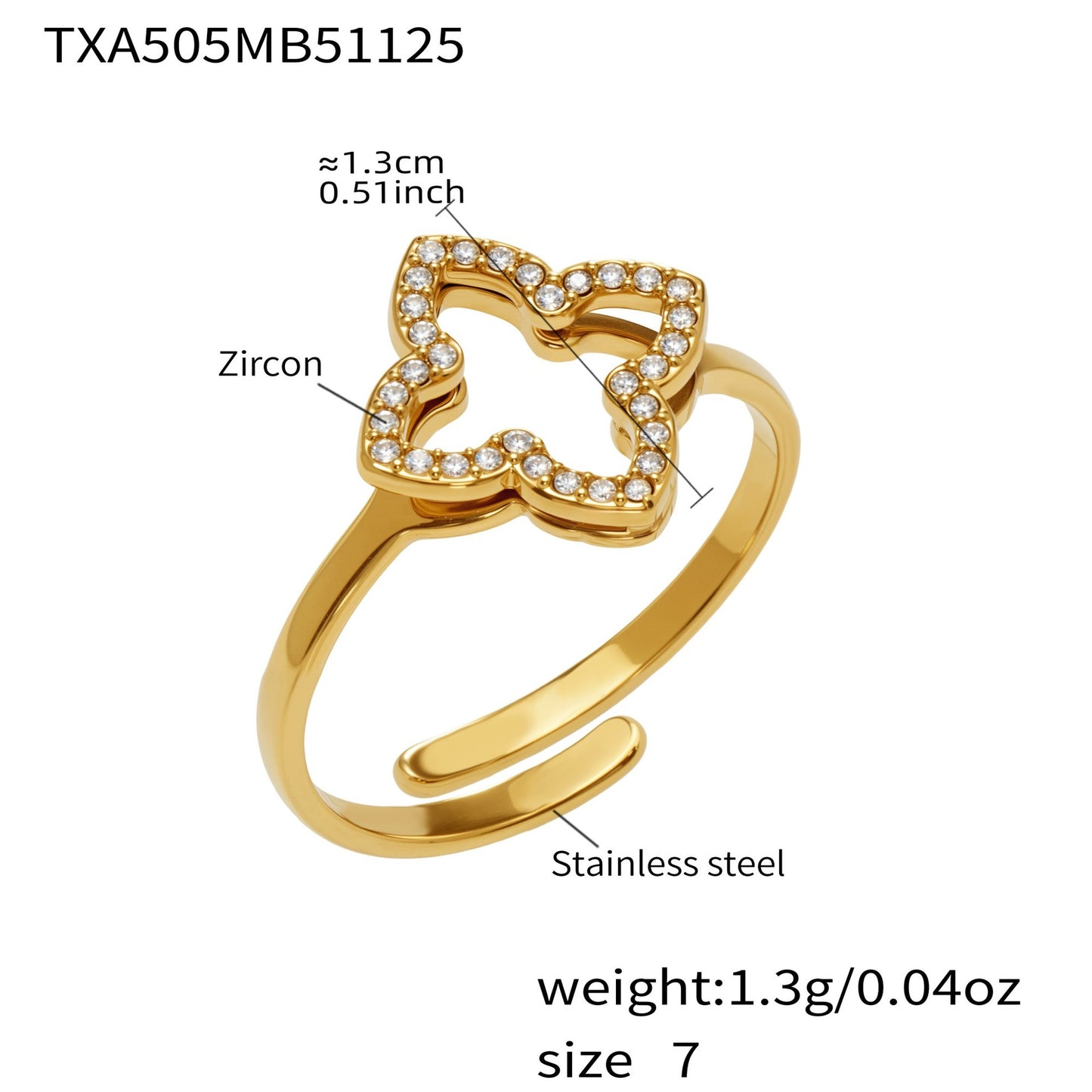 Close up detail of 316L stainless steel CZ clover open ring with gold plating