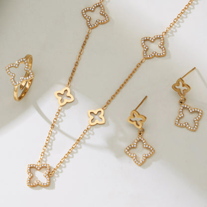 316L stainless steel CZ clover station necklace in gold, elegant long necklace design