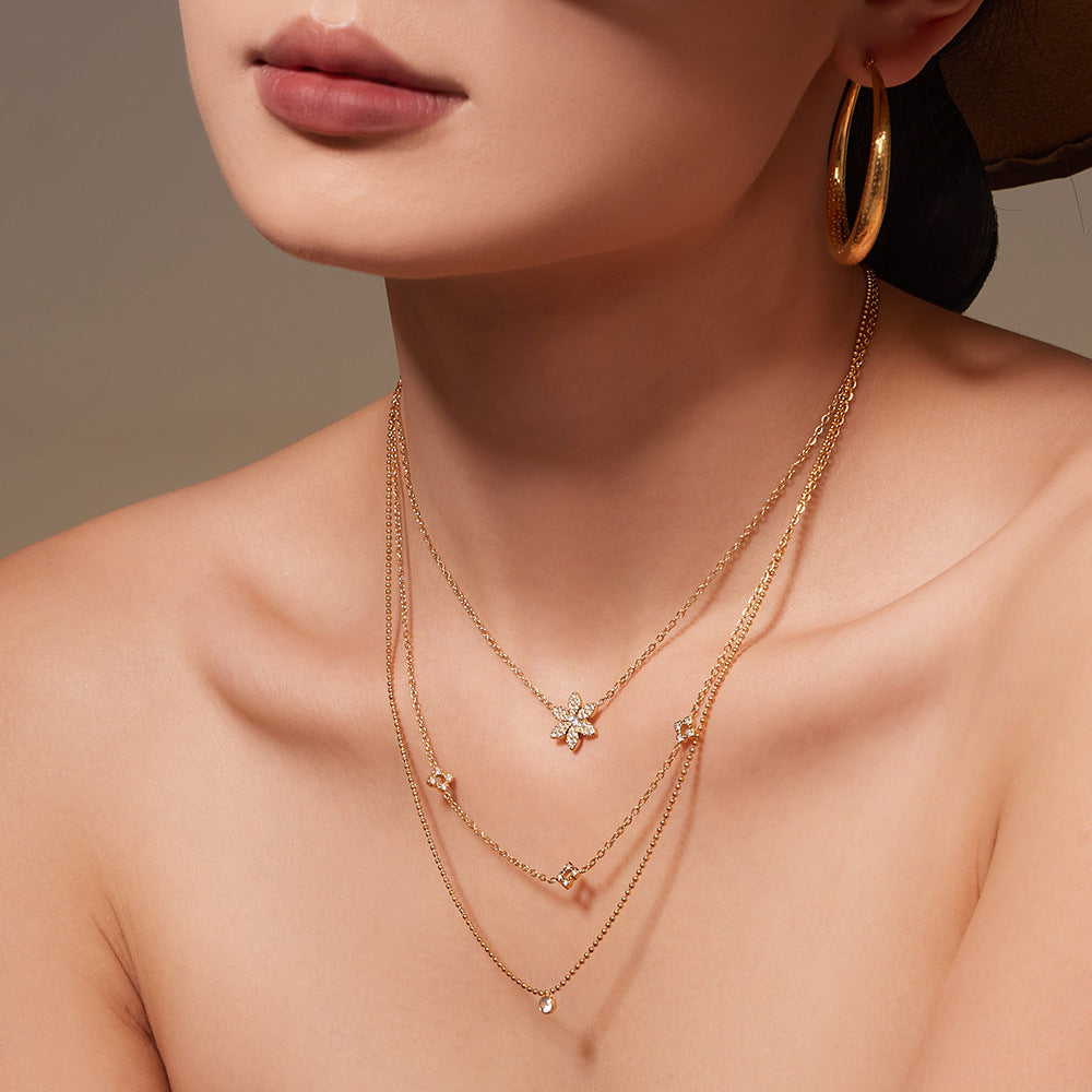 316L Stainless Steel CZ Flower Layered Necklace & Bracelet Set