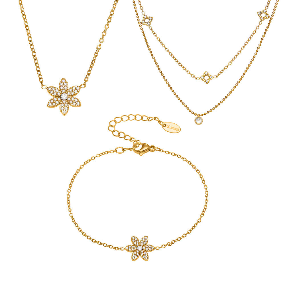 316L Stainless Steel CZ Flower Layered Necklace & Bracelet Set