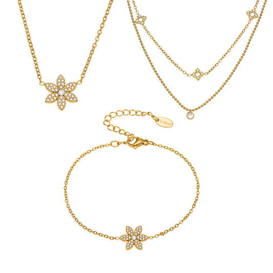 316L Stainless Steel CZ Flower Layered Necklace & Bracelet Set