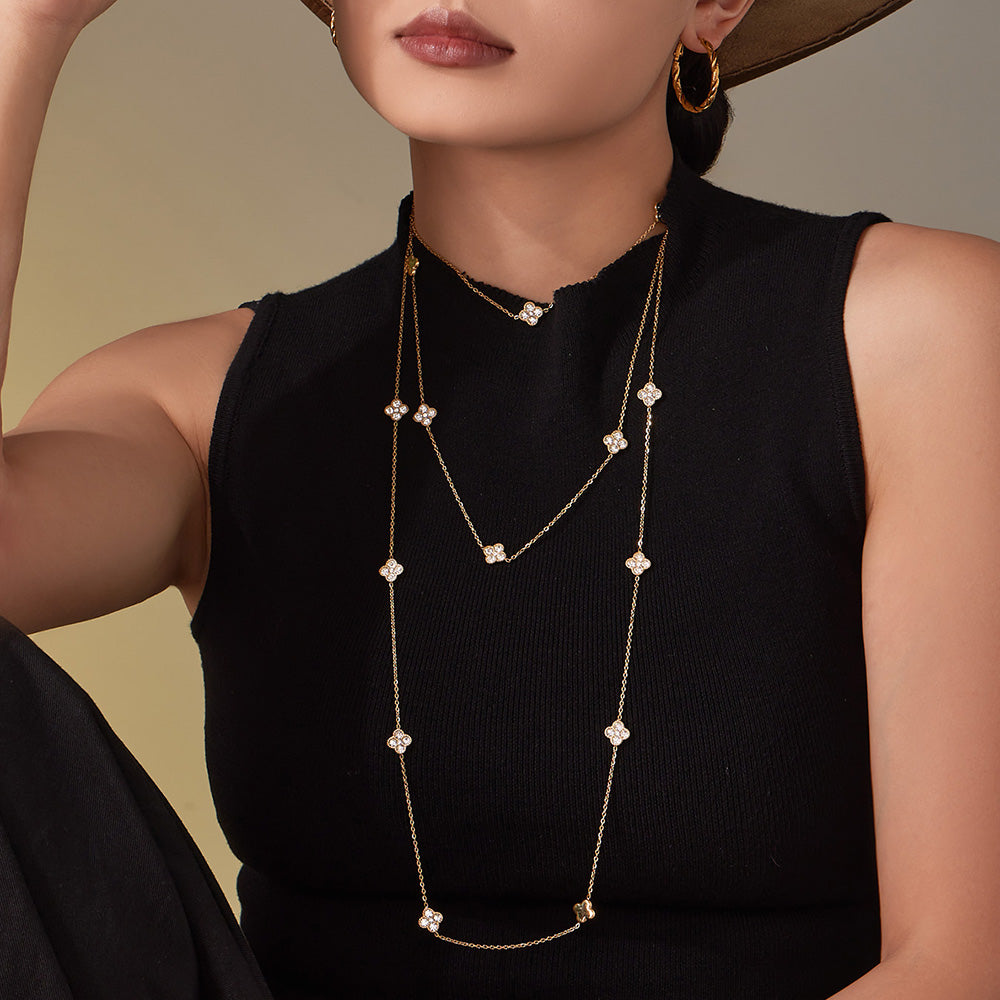 316L stainless steel CZ flower station sweater necklace showing length and drape