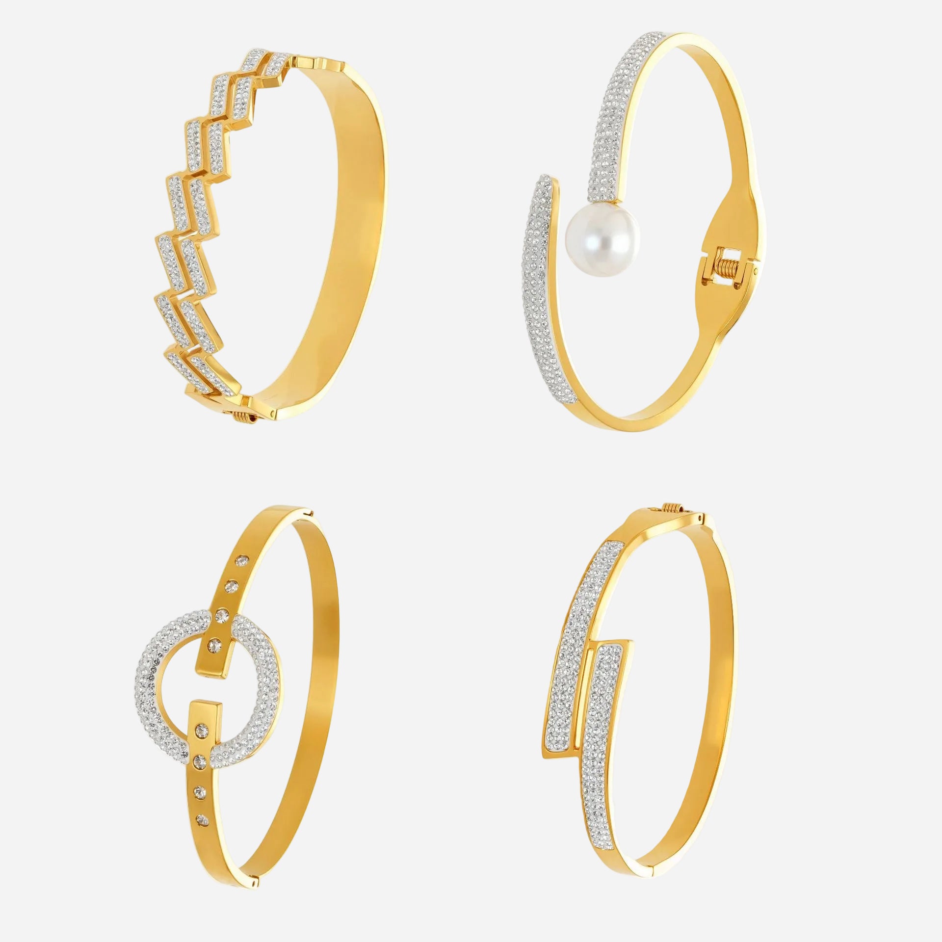 316L stainless steel CZ geometric bangle bracelet set in gold with four modern designs

