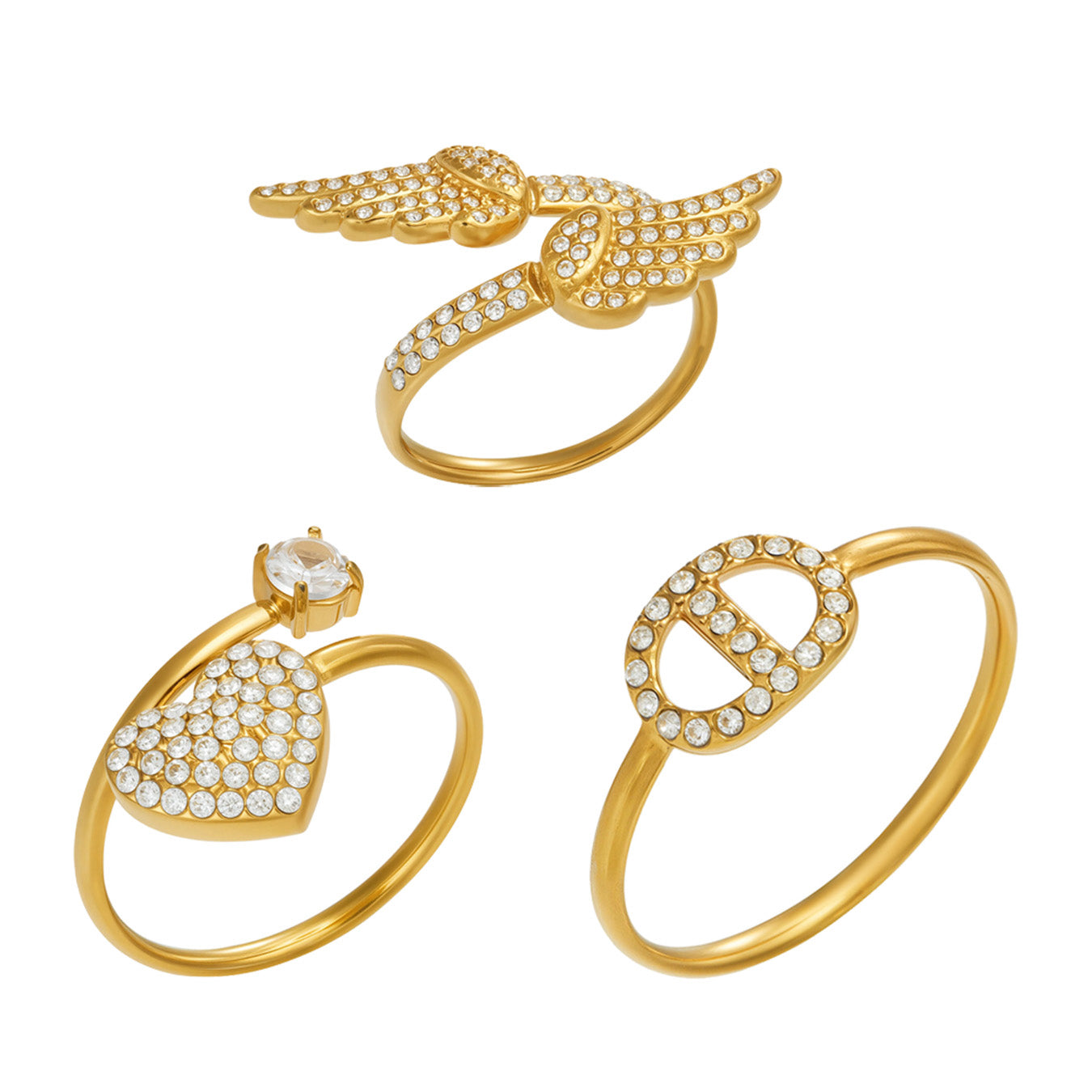 316L stainless steel CZ ring collection with heart, wing and geometric designs in 18K PVD gold finish