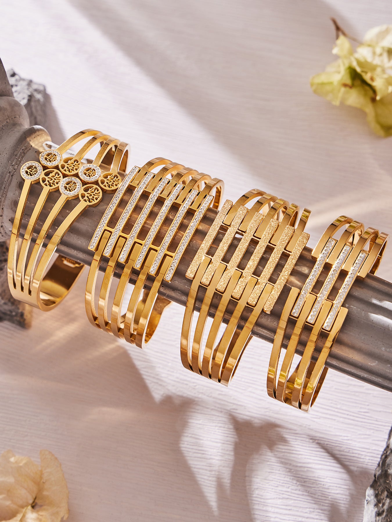 316L Stainless Steel CZ Pave Hollow Wide Open Bangle Set - Image 1