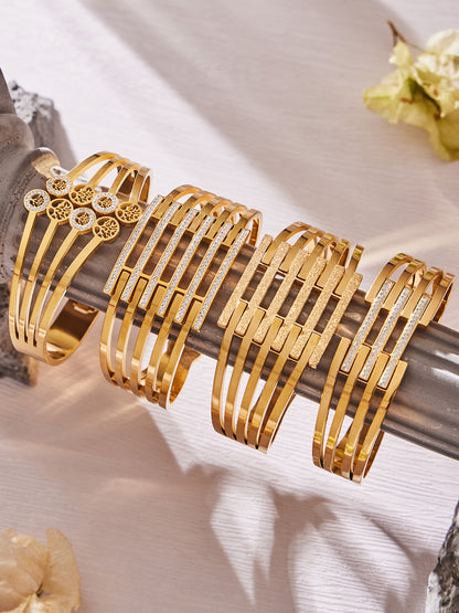 316L Stainless Steel CZ Pave Hollow Wide Open Bangle Set - Image 1