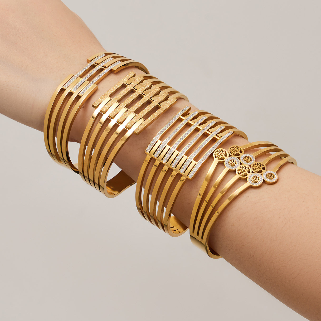 316L Stainless Steel CZ Pave Hollow Wide Open Bangle Set - Image 10