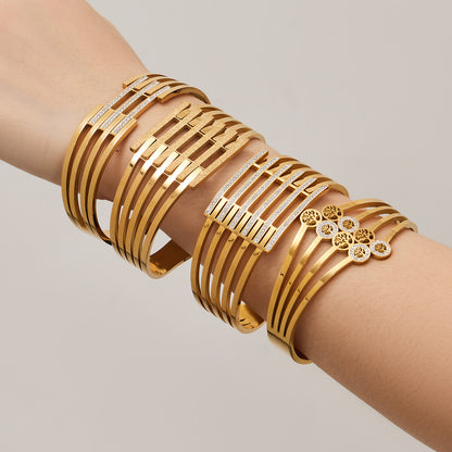 316L Stainless Steel CZ Pave Hollow Wide Open Bangle Set - Image 10