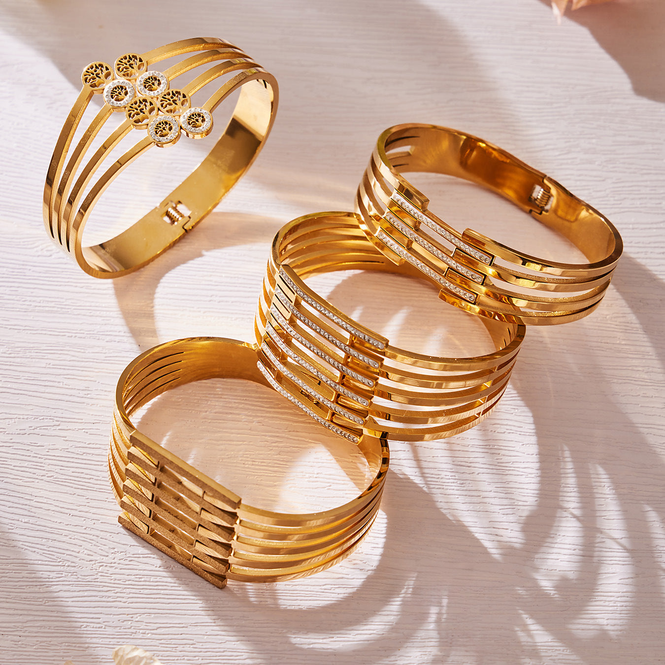 316L Stainless Steel CZ Pave Hollow Wide Open Bangle Set - Image 11