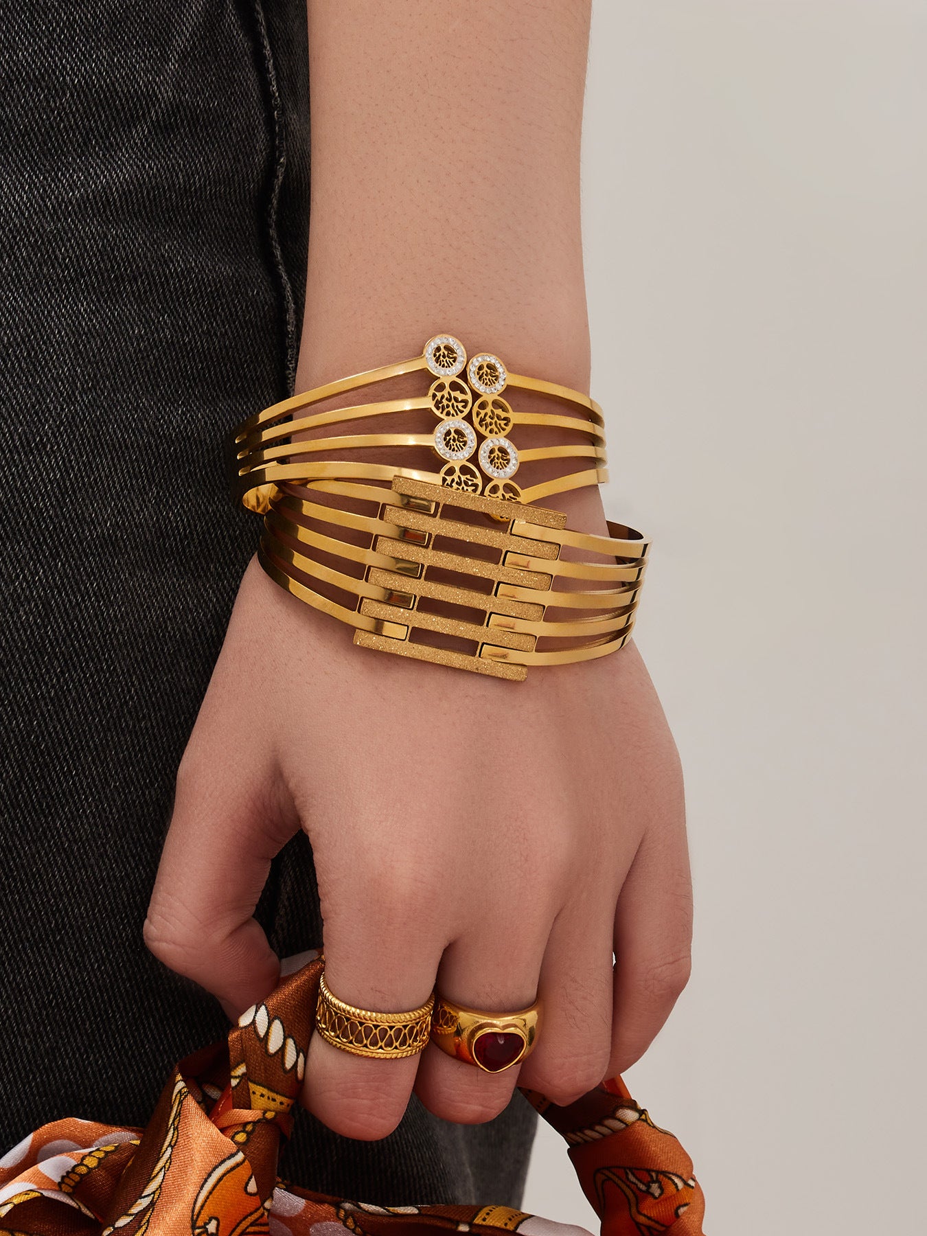 316L Stainless Steel CZ Pave Hollow Wide Open Bangle Set - Image 12