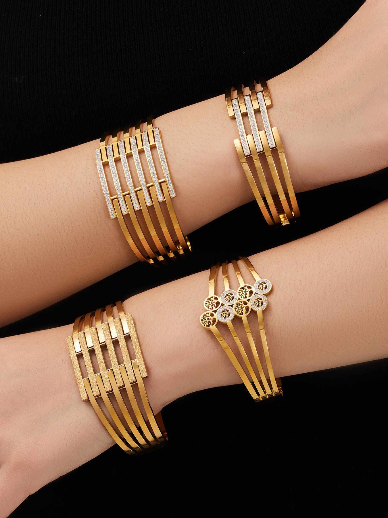 316L Stainless Steel CZ Pave Hollow Wide Open Bangle Set - Image 13