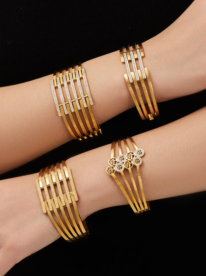 316L Stainless Steel CZ Pave Hollow Wide Open Bangle Set - Image 13