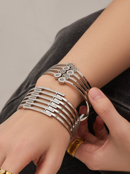 316L Stainless Steel CZ Pave Hollow Wide Open Bangle Set - Image 16