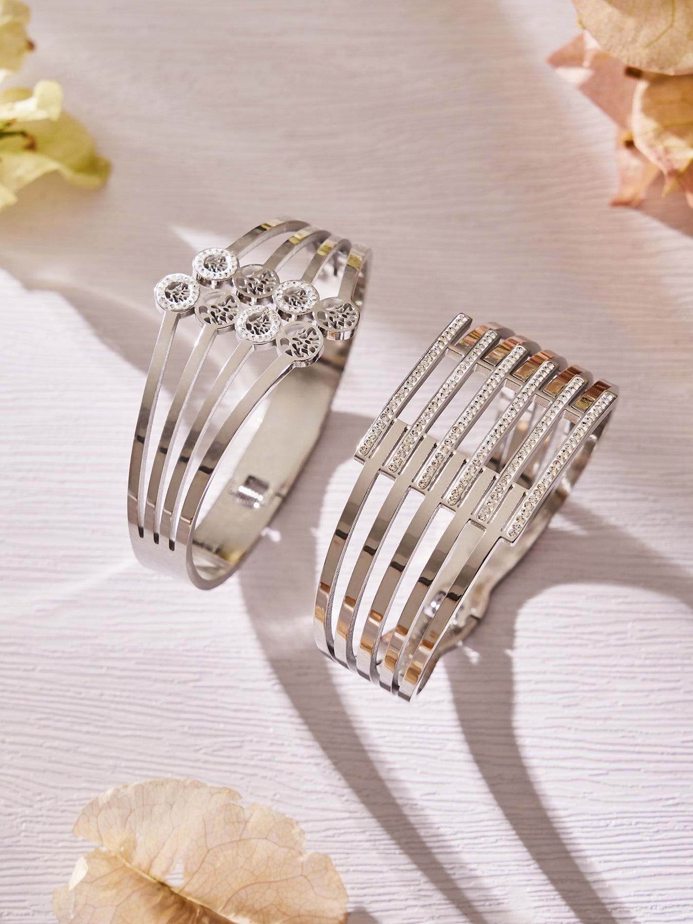 316L Stainless Steel CZ Pave Hollow Wide Open Bangle Set - Image 18