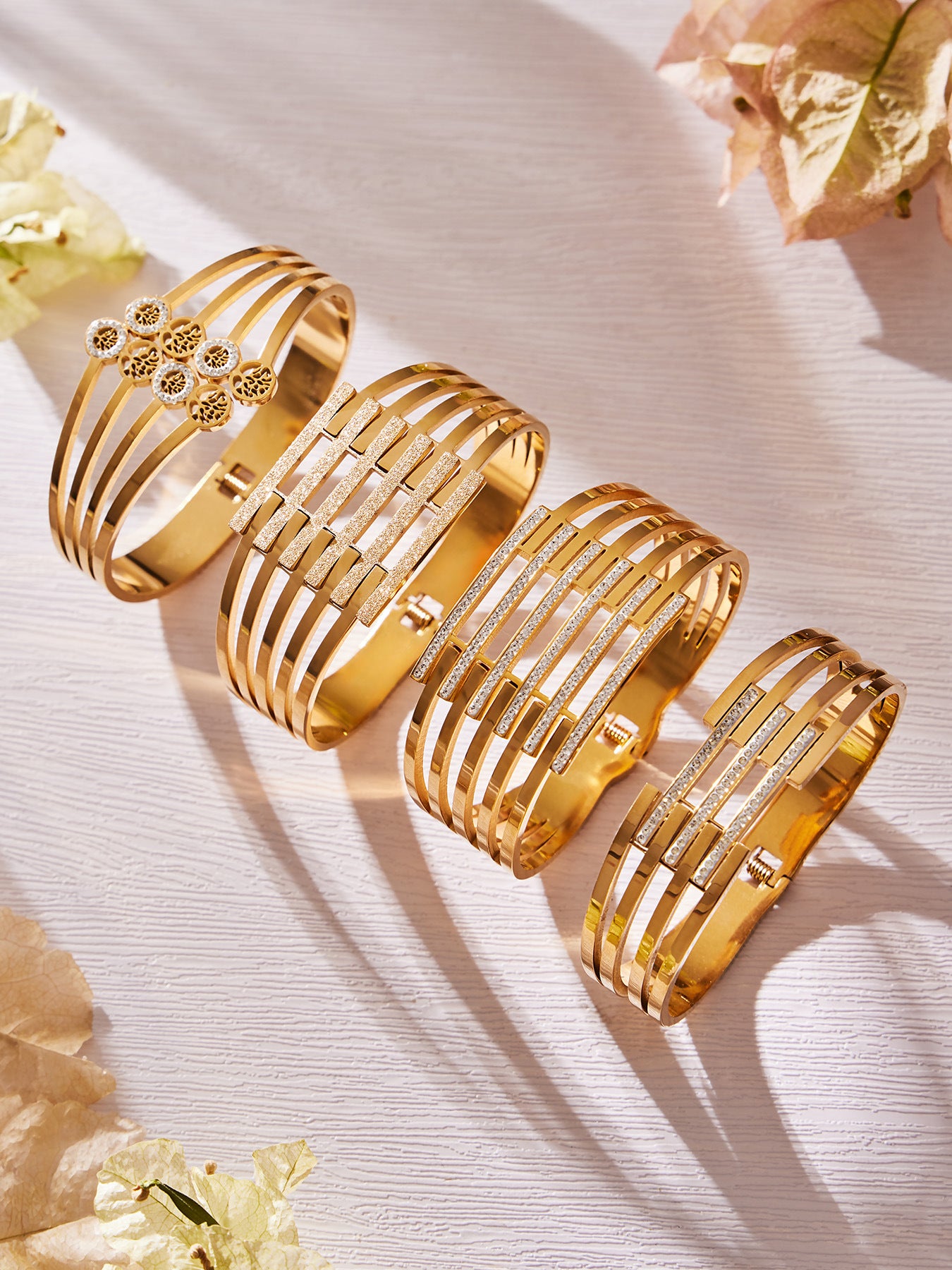 316L Stainless Steel CZ Pave Hollow Wide Open Bangle Set - Image 19