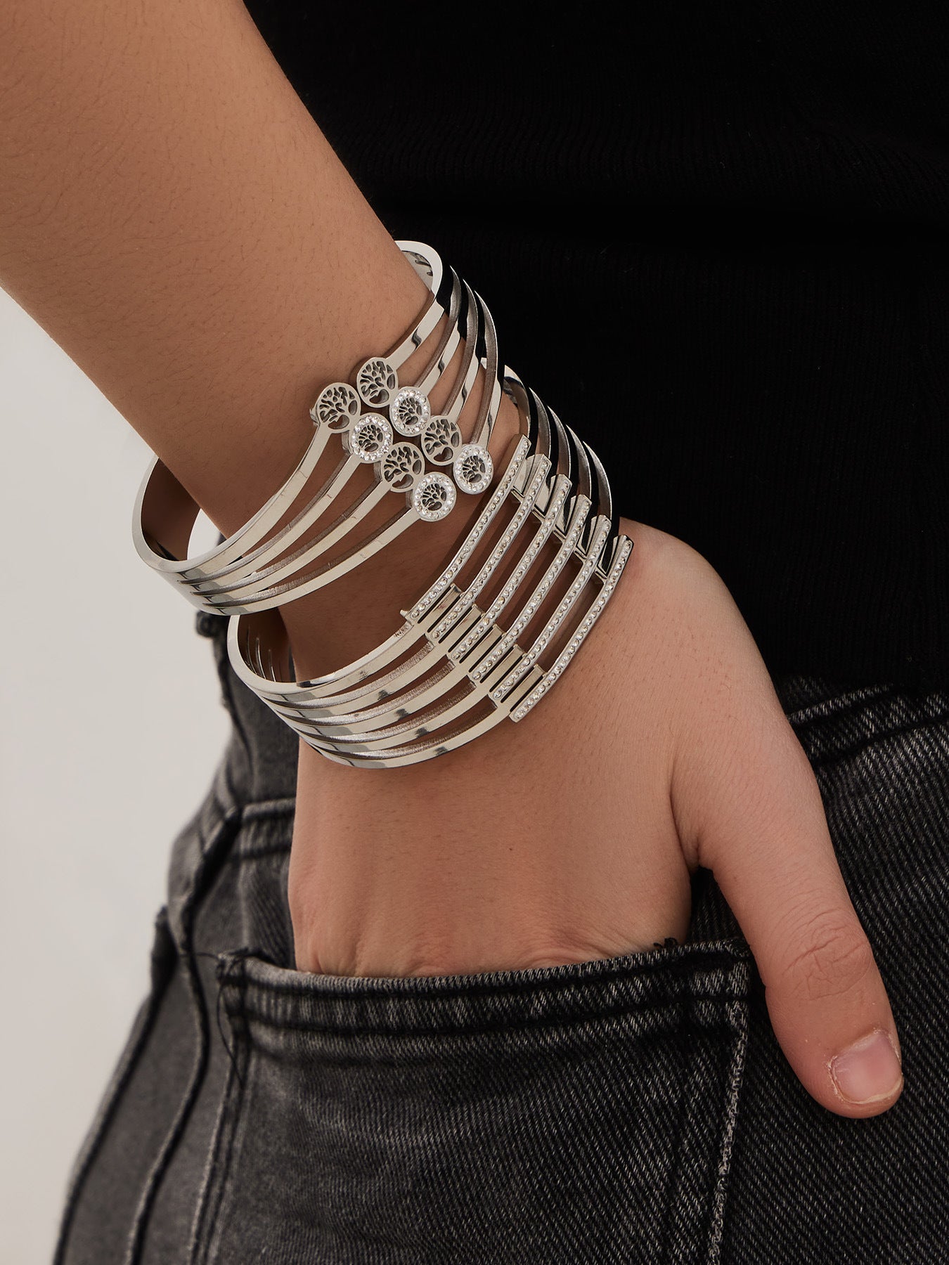 316L Stainless Steel CZ Pave Hollow Wide Open Bangle Set - Image 20