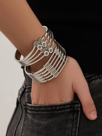 316L Stainless Steel CZ Pave Hollow Wide Open Bangle Set - Image 20