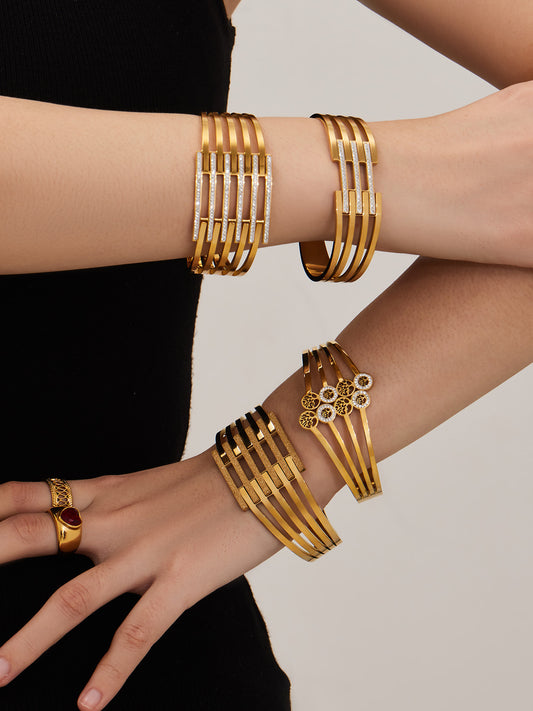 316L Stainless Steel CZ Pave Hollow Wide Open Bangle Set - Image 4