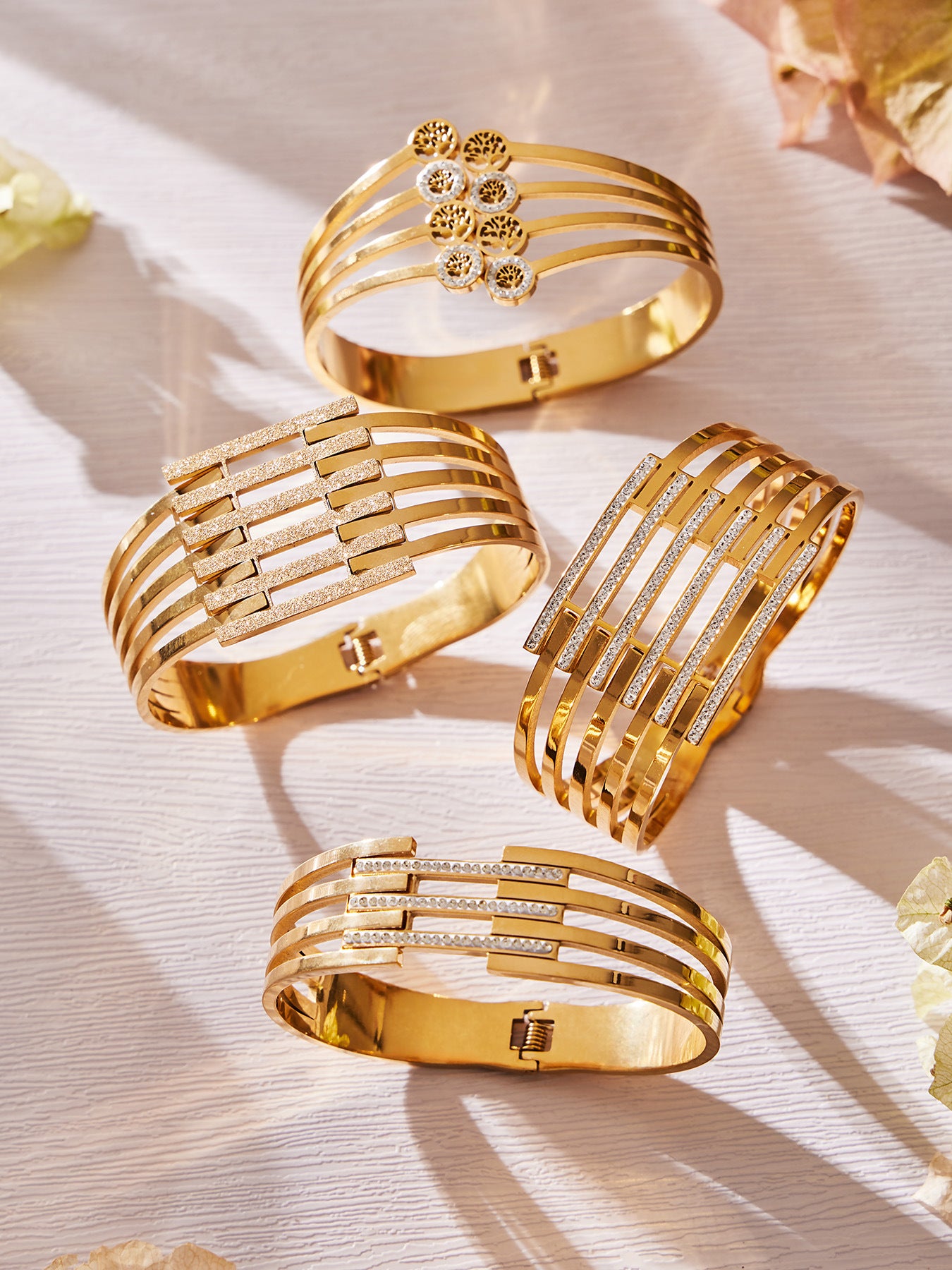 316L Stainless Steel CZ Pave Hollow Wide Open Bangle Set - Image 6