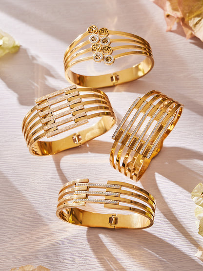 316L Stainless Steel CZ Pave Hollow Wide Open Bangle Set - Image 6