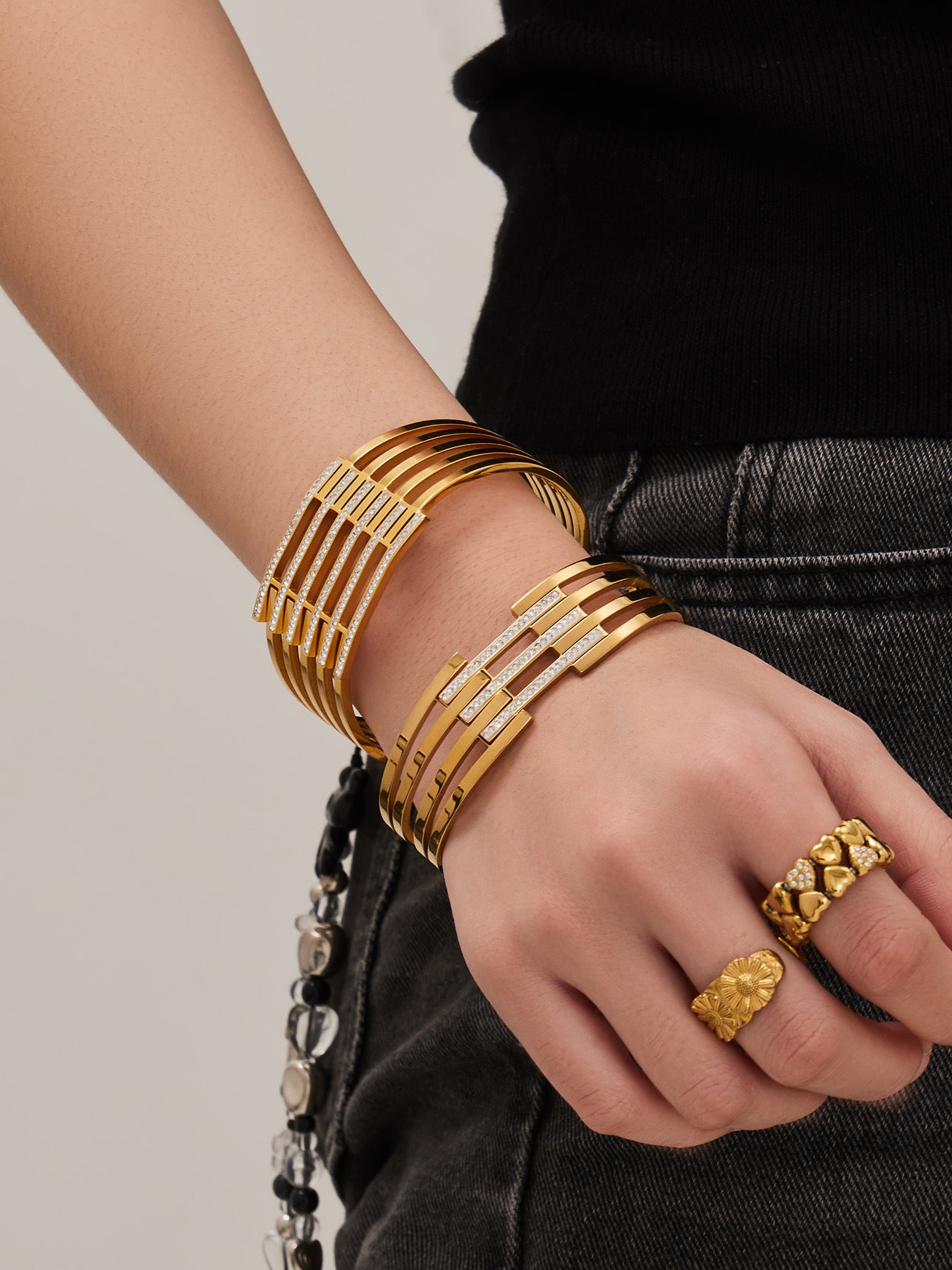 316L Stainless Steel CZ Pave Hollow Wide Open Bangle Set - Image 7