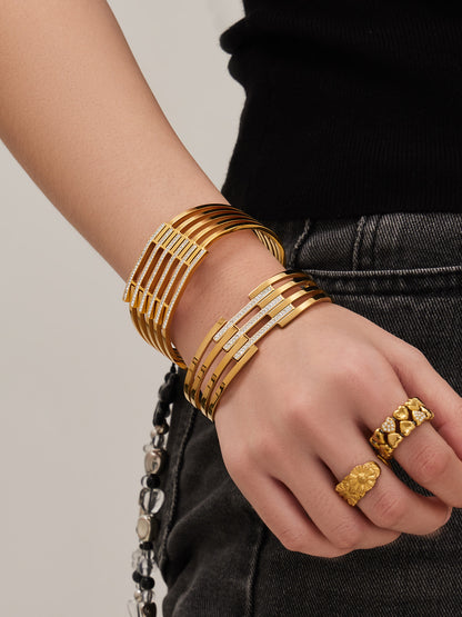 316L Stainless Steel CZ Pave Hollow Wide Open Bangle Set - Image 7